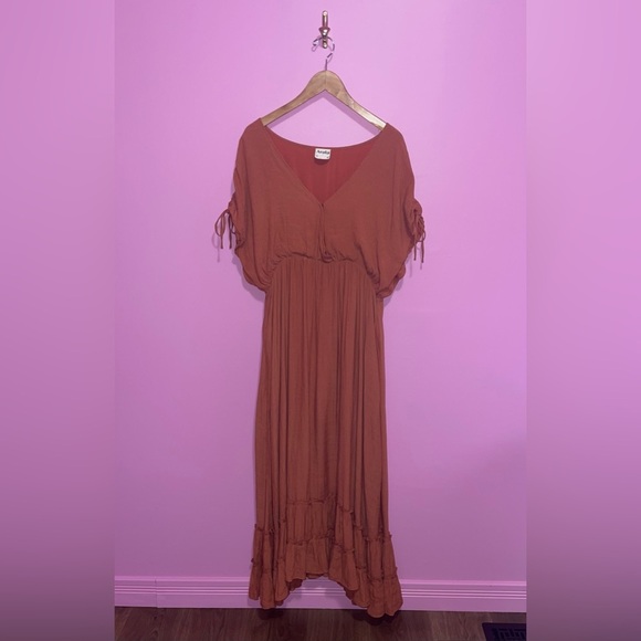 ARULA Dress Women's Size 1X Rust Orange Maxi Ruffle Hem Dolman Sleeves V-Neck - Picture 2 of 16